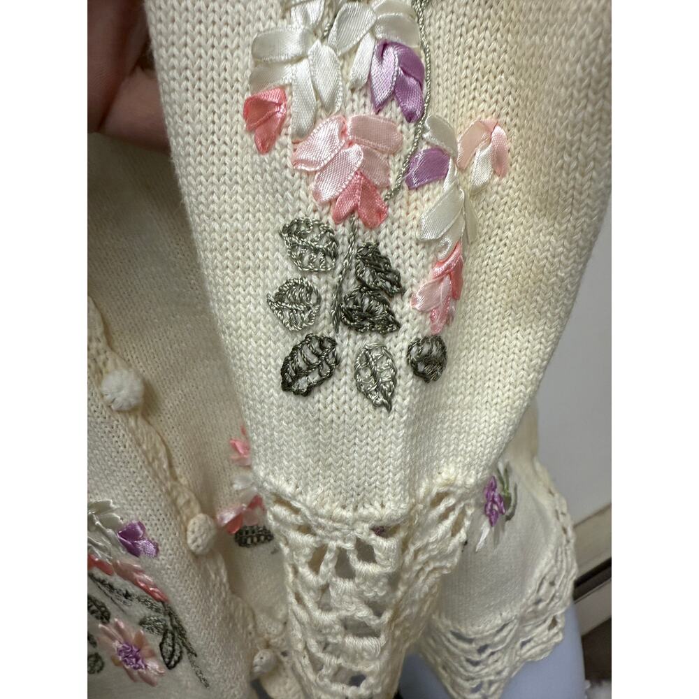 VTG Seventh Avenue Womens L White Floral Knitted Pullover Sweater Crochet Easter - Picture 5 of 7